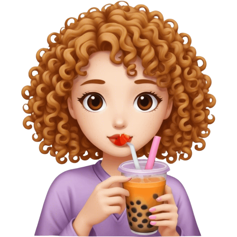 girl with curly hair drinking boba tea emoji