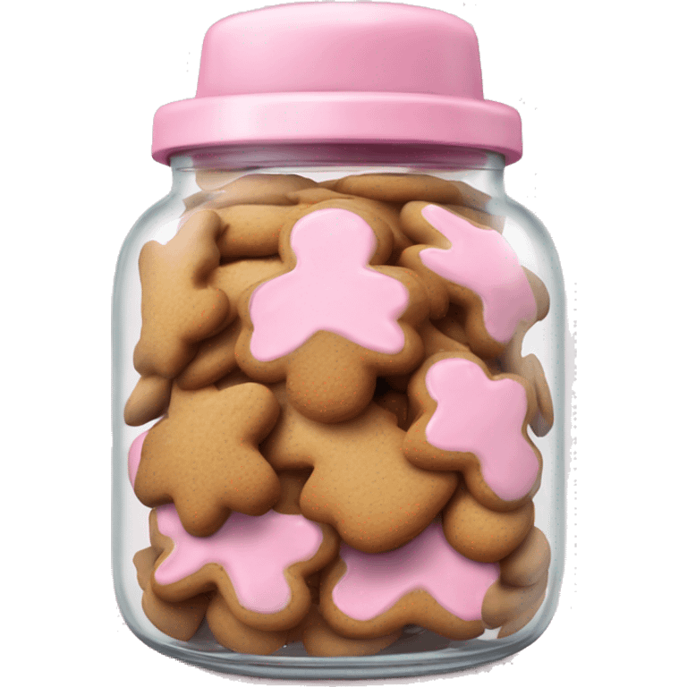 Realistic glass cookie jar with light pink lid full of gingerbread cookies isolated.  emoji