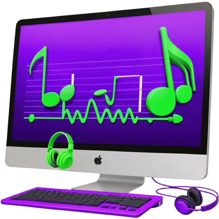 Create a creative and inspiring emoji that represents writing music tracks. The design should feature musical notes, a pen or pencil, and a digital audio workstation (DAW) interface or a computer screen with a visible waveform, symbolizing the process of composing and arranging a track. Add elements like a metronome or a pair of headphones to reflect the recording and editing aspects. Use vibrant colors like electric blue, purple, or neon green to represent creativity and innovation in music production. The background should be transparent. emoji