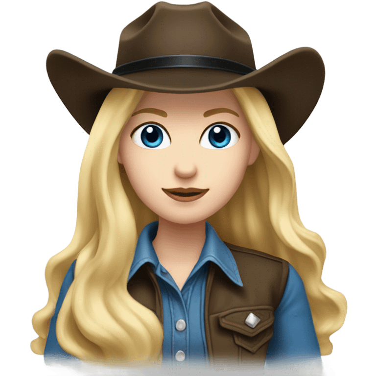 Long Flowing blow wave hair, Blue eyes cowgirl, pale skin, black hair, black cowgirl hat emoji