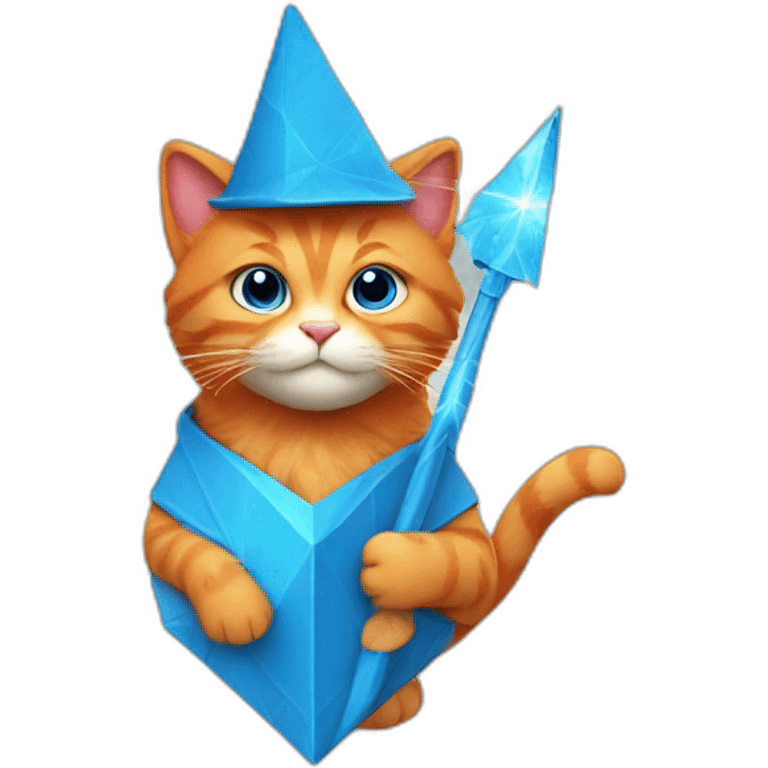 Red cat in a blue triangular cap and with a magic wand emoji