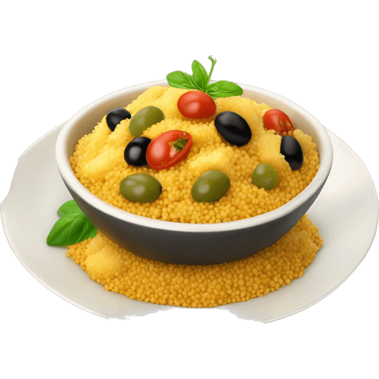 Couscous avec patate à la sauce tomate au dessus et olives vertes emoji