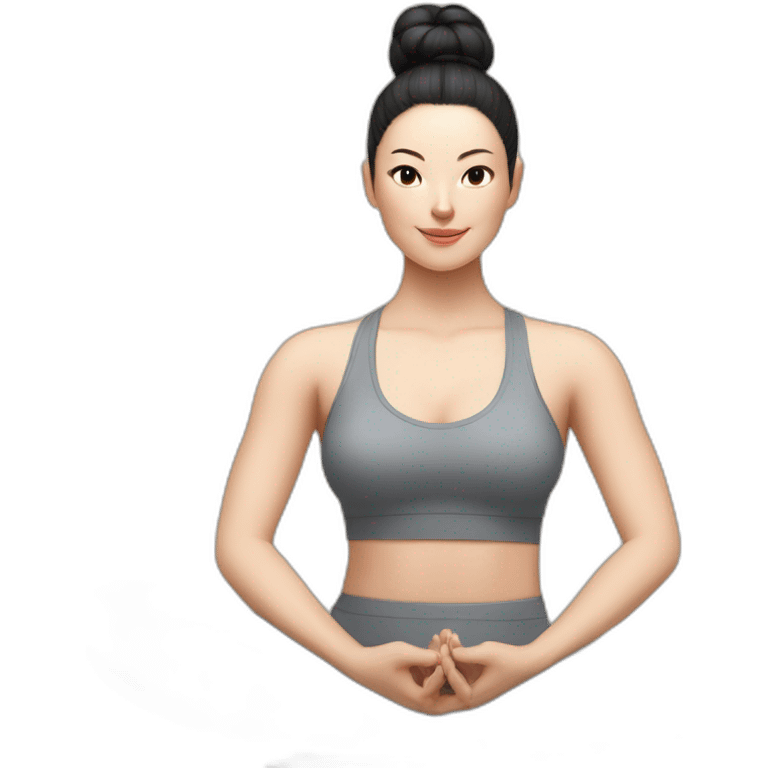 Pale skinned fit woman In a gray tight yoga suit and wristbands With black hair in a bun sits in the lotus position emoji