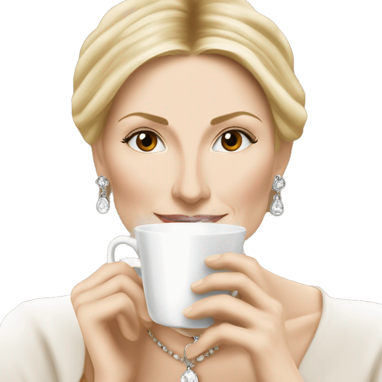 Kelly Rutherford with jewellery wearing white drinking cappucino emoji