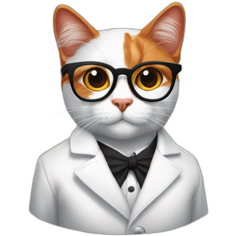 Red cat in a white coat with a feather behind his ear and full-length black glasses emoji