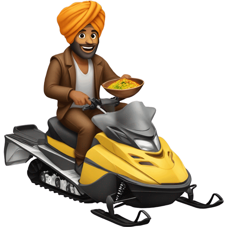 Brown man snowmobiling with the worlds tallest turban eating curry emoji