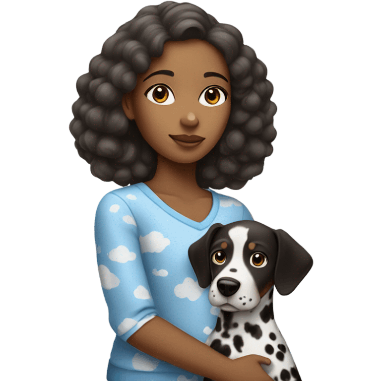 Brown girl wearing a blue top with clouds holding a dalmatian  emoji