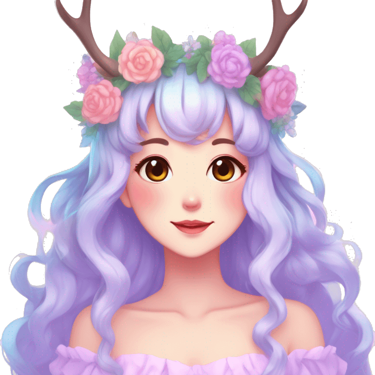 Gorgeous Shiny Colorful Pastel Anime Style Mature Lady with blushing face and pretty hair with a flower crown and antlers pastelcore kawaii cottagecore fairycore aesthetic trending style emoji