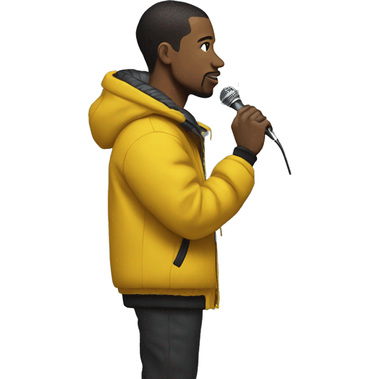 Side profile of a hip hop artist, holding a mic in one hand. He's wearing a puffy jacket with a mustard yellow collar. emoji