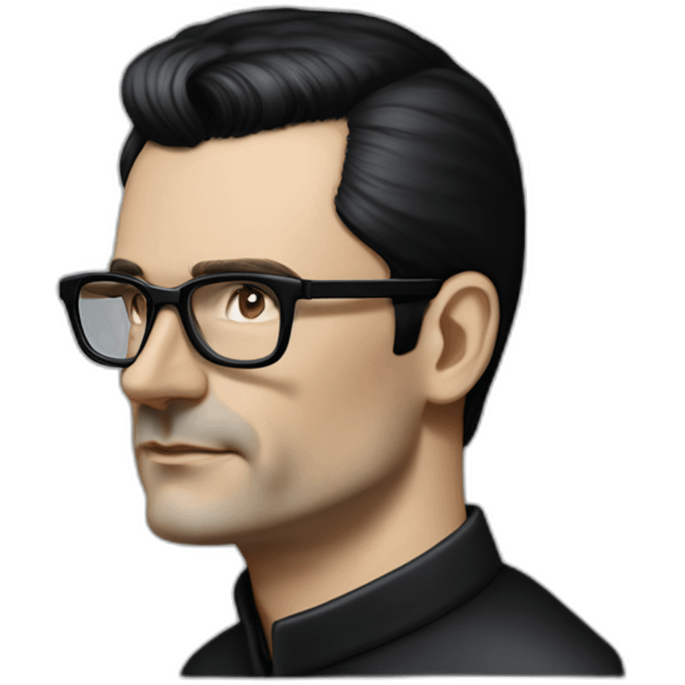 small photo realistic Ralf Hutter from Kraftwerk, short straight black hair, Dark Brown eyes, black glasses, thin, black shirt, side view, riding open top black tesla emoji