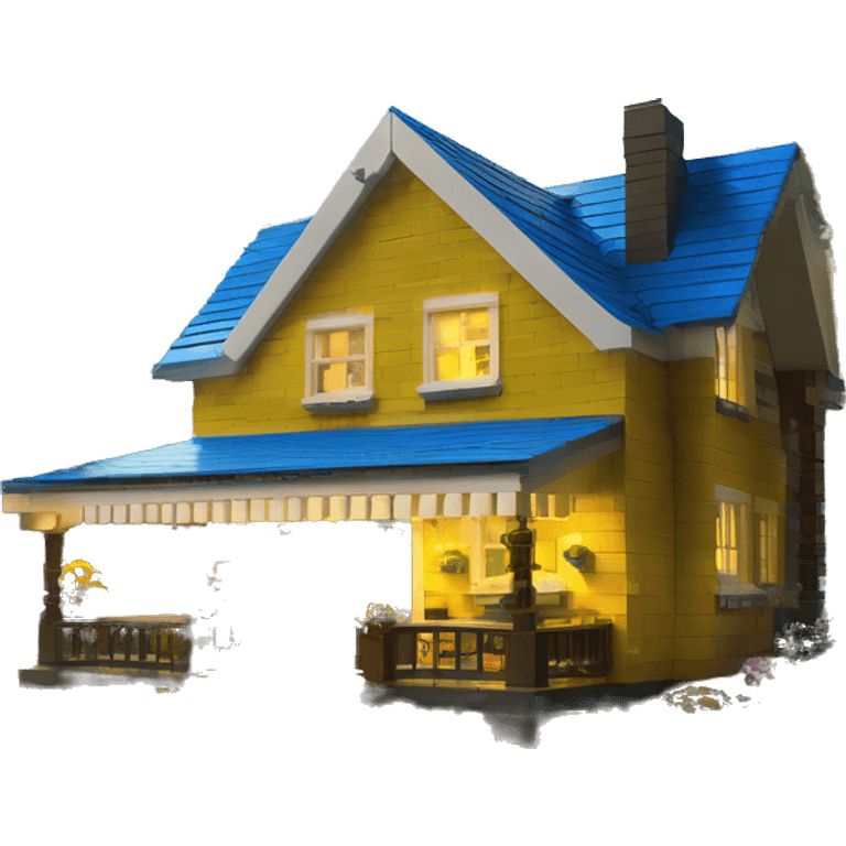  very very big Lego Cabin near a big tree.  Thick moss growing on the roofs. grass fields. porch lights turned off. bright white interior lights turned off. guests sitting in chairs on the porch, flowers and bushes are yellow and blue. emoji