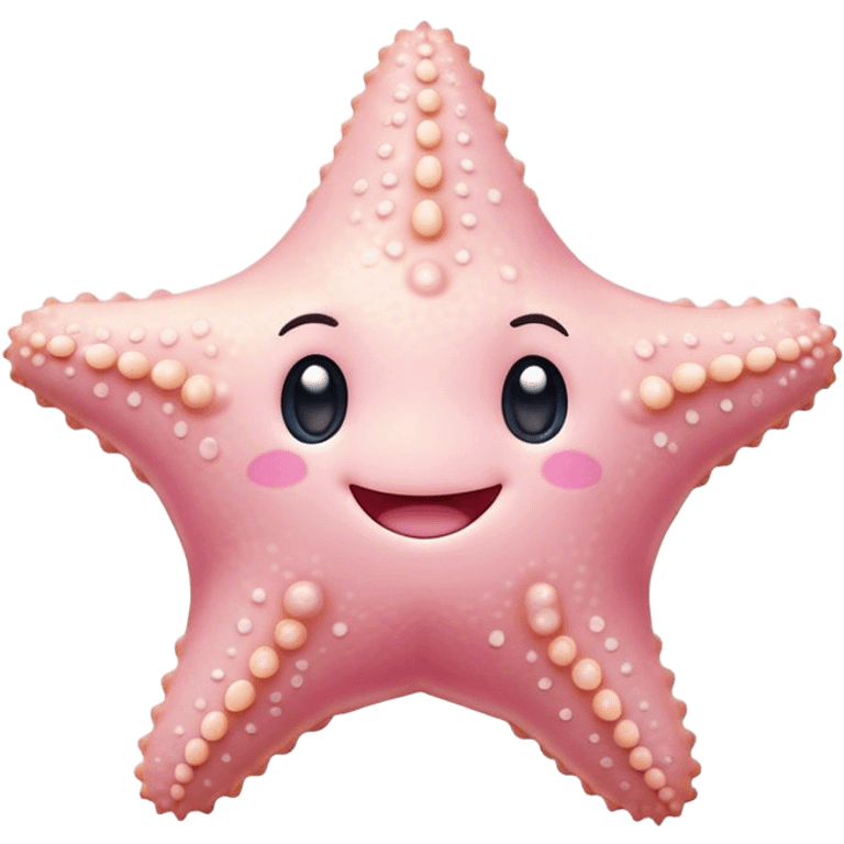 Cinematic cute round starfish, pastel pink, soft bumpy texture, tiny happy face, slightly tilted, glowing warmly, sparkling with gentle ocean magic. emoji