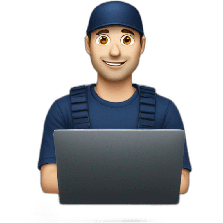 european guy wearing navy cap using laptop emoji