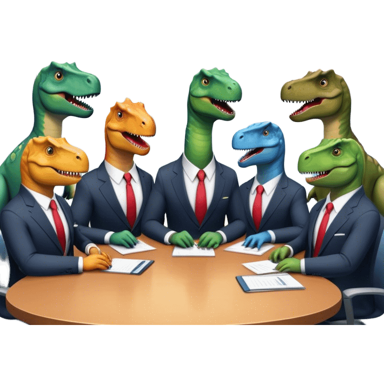 office dinosaurs sitting along the conference table emoji