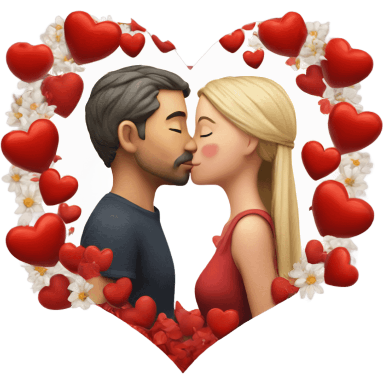 Hyper Realistic Couple kissing surrounded by red hearts and flowers  emoji