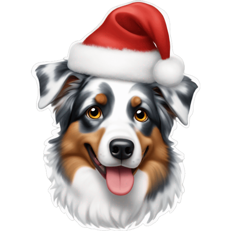 Miniature American shepherd blue Merle wearing a Christmas hat emoji