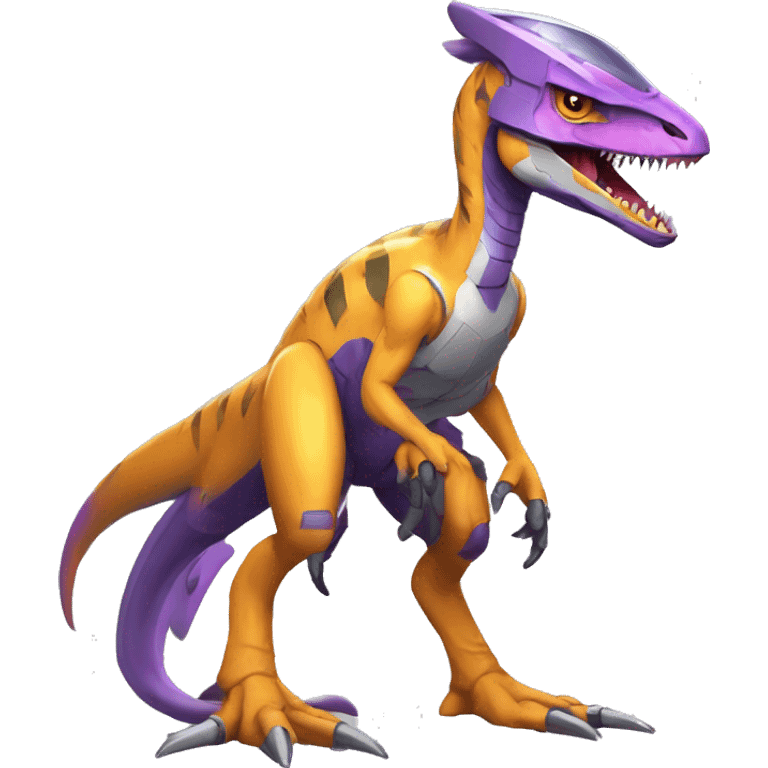 Colorful Edgy Velociraptor-Genesect-Fakémon-Pokémon wearing a with a futuristic helmet And suit Full Body emoji