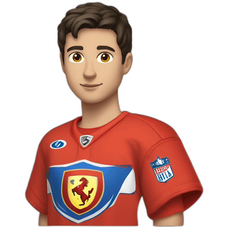 a white male teenager with very short dark hair and brown eyes in a red ferrari jersey emoji