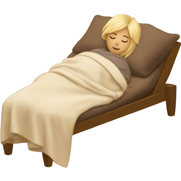 Blonde woman sleeping from her side with a brown cozy blancket emoji