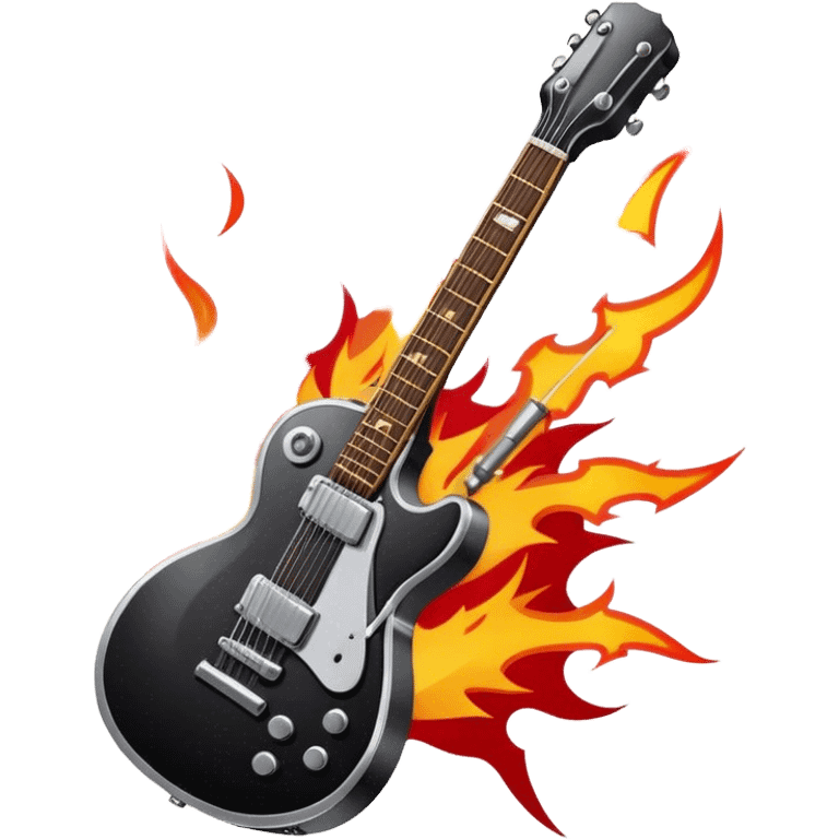 Create a bold and dynamic emoji representing rock vocal performance in a humanless collage. The design should feature a vintage microphone at the center, surrounded by key rock elements like an electric guitar, drumsticks, and a guitar pick. Include symbols of energy, such as lightning bolts or flames, and subtle musical notes or sound waves to evoke the raw power of rock vocals. Use dark, bold colors like black, silver, and red, with hints of chrome or metallic accents to convey the edgy, rebellious spirit of rock music. The background should be transparent. emoji