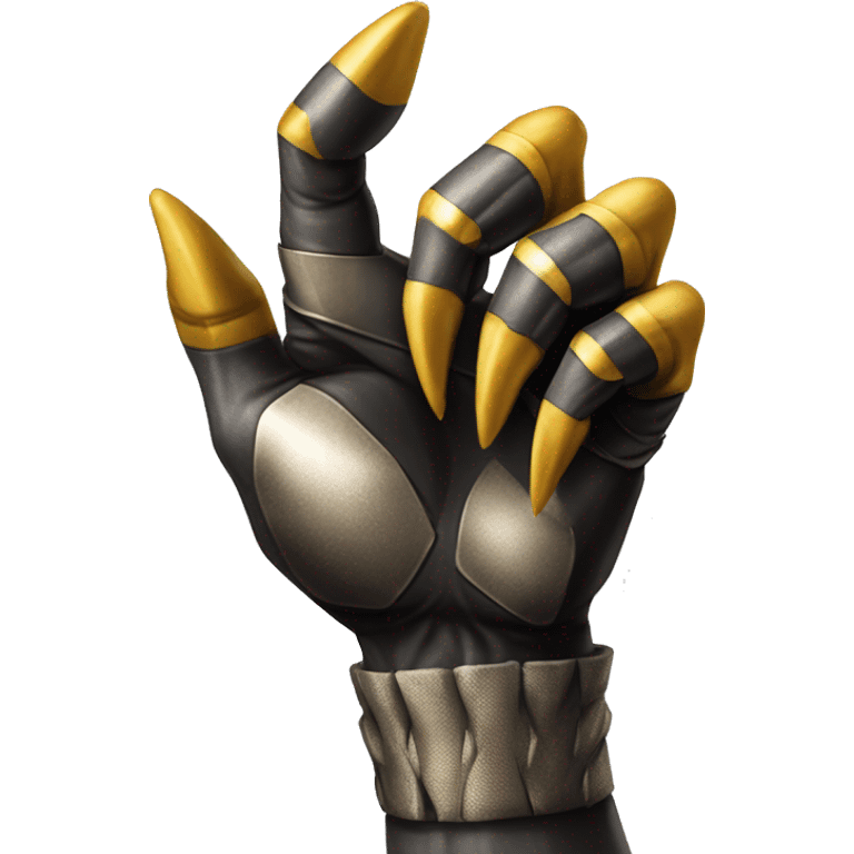 "Three sharp, metallic claws extending from a human fist like wolverine from marvel emoji