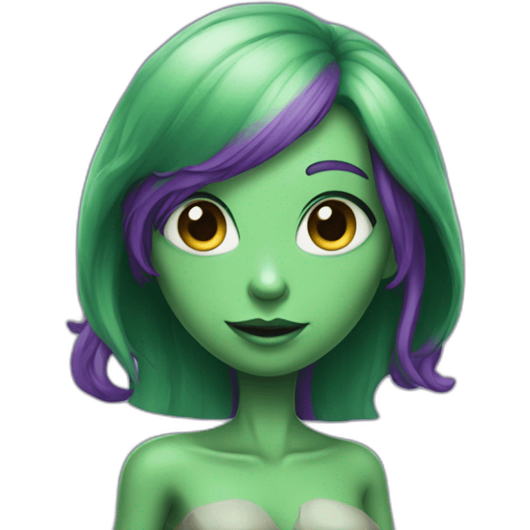 An alien girl, green skin, purple hair, she waves her hand emoji