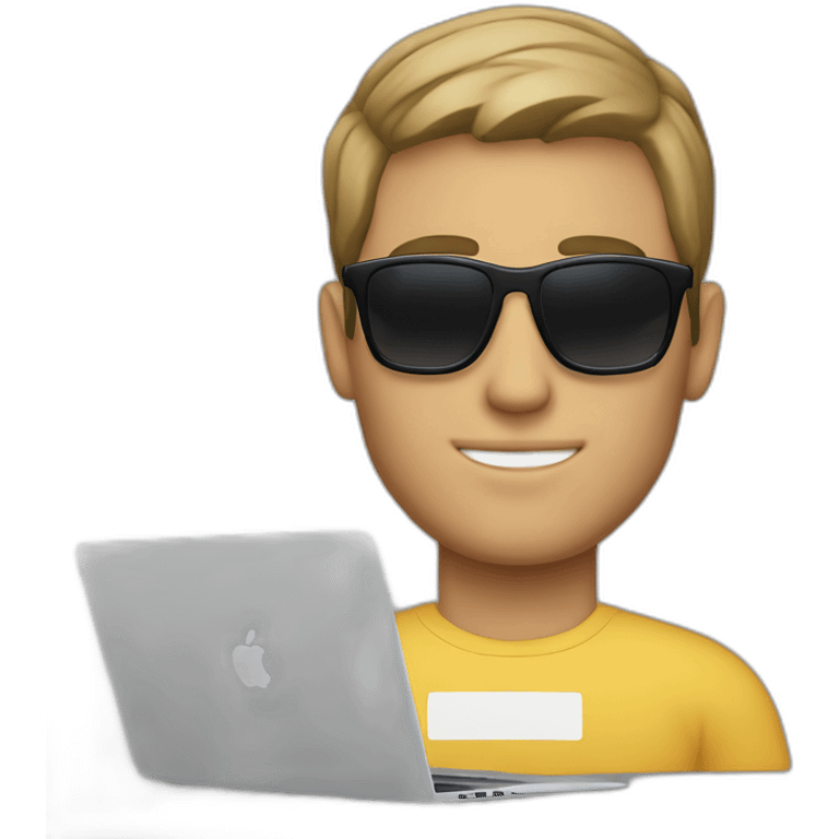 a white man with sunglasses typing in macbook pro 14 inch emoji