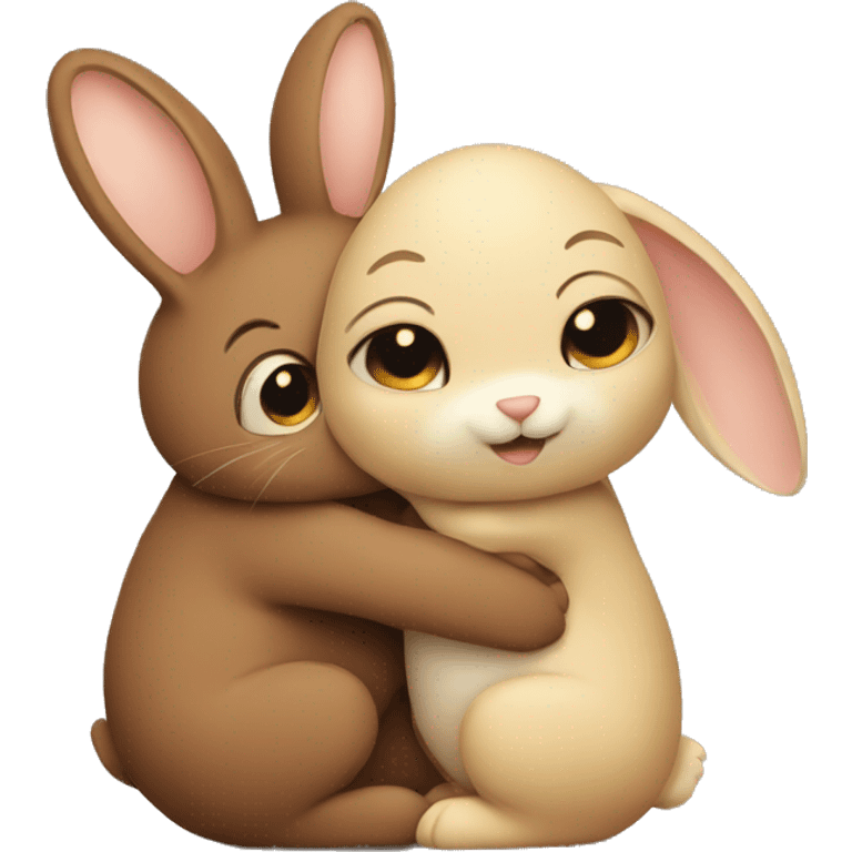 Brown bunny hugging beige bunny emoji