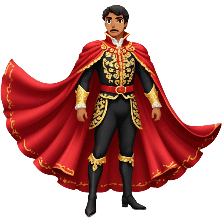 Spanish Matador – Cinematic Realistic Spanish Matador, portrayed in an ornate traje de luces with a flowing red cape, standing poised in a classic bullring with swirling dust and dramatic light, his intense expression and elegant stance capturing both bravery and artistry. emoji