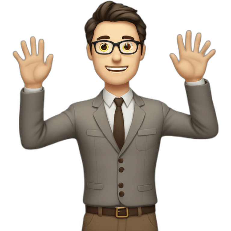 To belt Actively gesturing with hands Okay Pale skinned fit man with dark brown hair in gray jacket, beige office shirt, brown tie, brown pants and vintage glasses. emoji