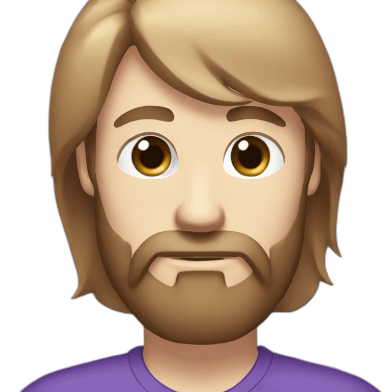 Twitch emote, white male blue eyes brown, thin mistache and beard, purple shirt emoji