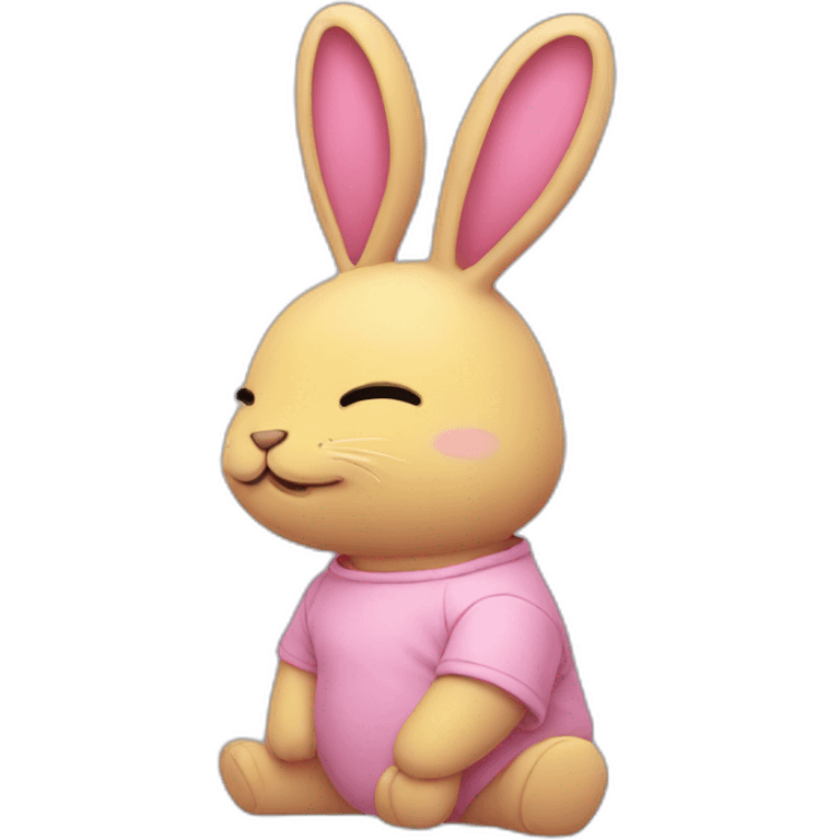 rabbit pink closed eyes, wears teeshirt yellow emoji