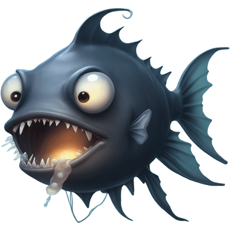 Anglerfish with a glowing lure hanging from its forehead, sharp teeth, and big eyes. emoji