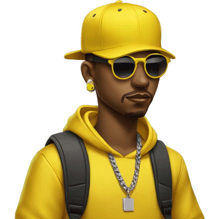 rapper wearing yellow with a mackbook emoji