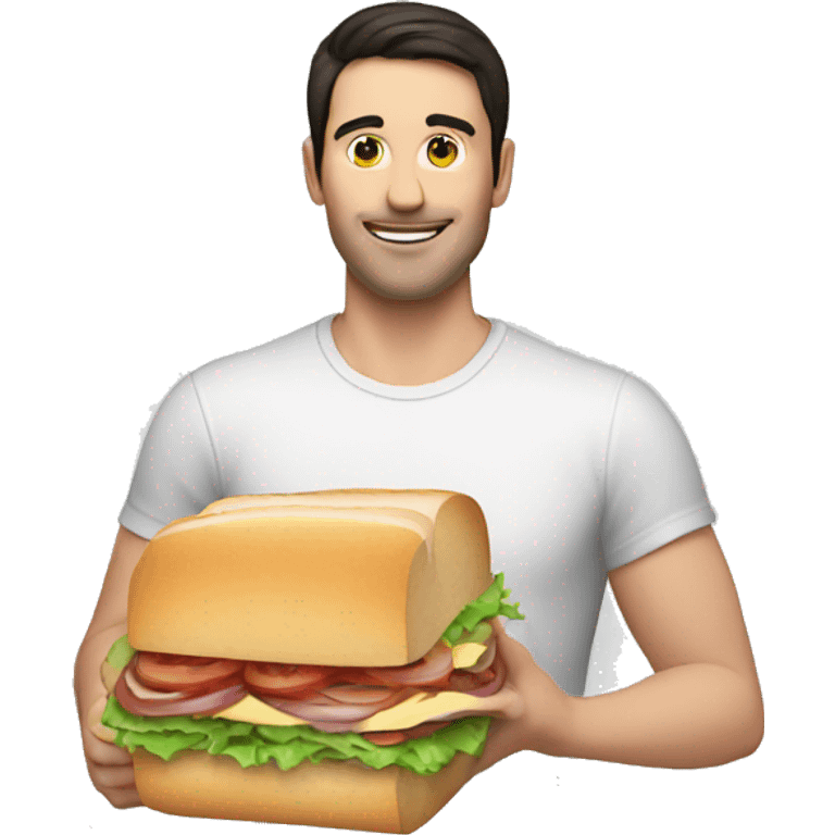 A white man with dark hair holding a long sandwich emoji