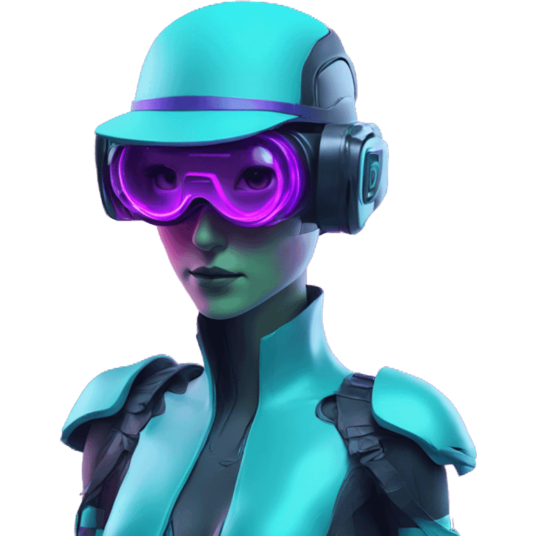 Secret humanoid agent in a futuristic hat with in Apple VR goggles headset code display on the goggles , cyberpunk, cyan and purple colors, only upper body portrait, front facing the camera  emoji