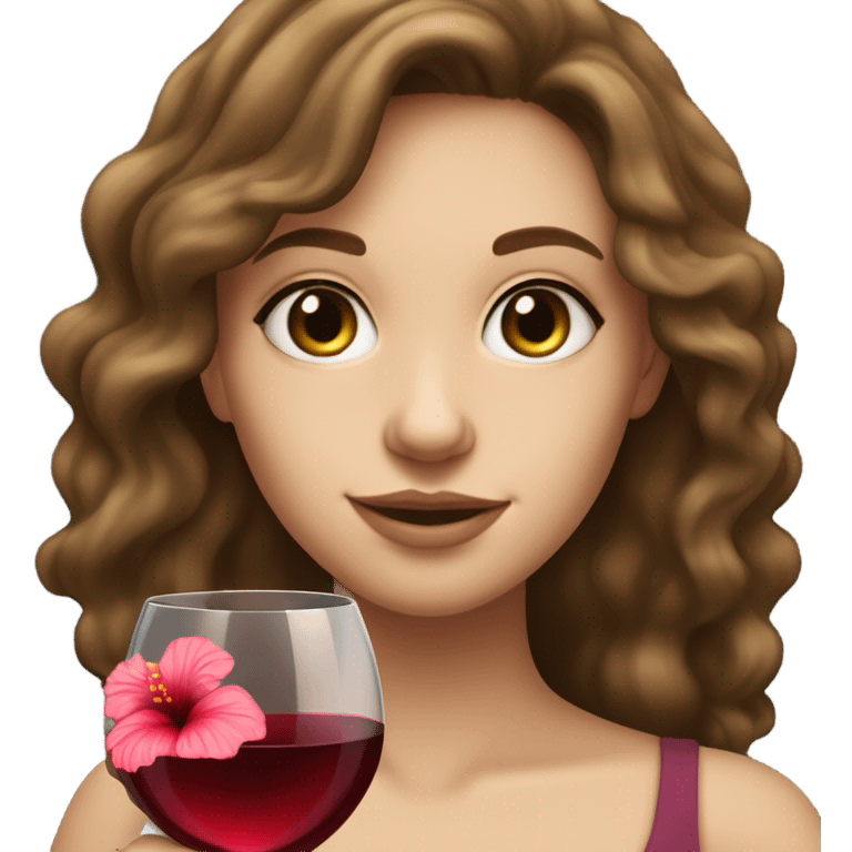 white girl with wavy brunette hair holding a glass of wine, with a hibiscus flower in her hair emoji