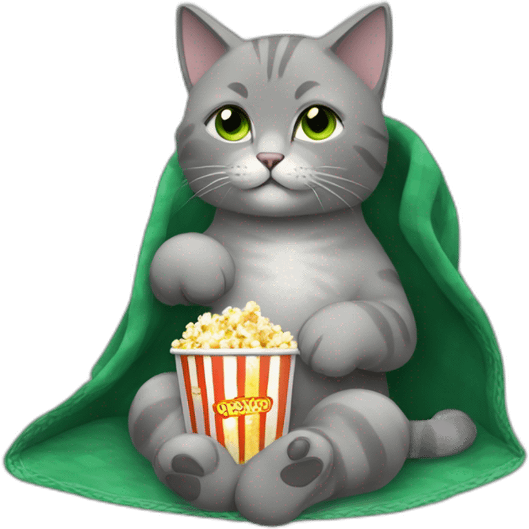 Grey Russian cat sitting like a person tucked with a Green Pendleton blanket while eating popcorn and watching a movie emoji