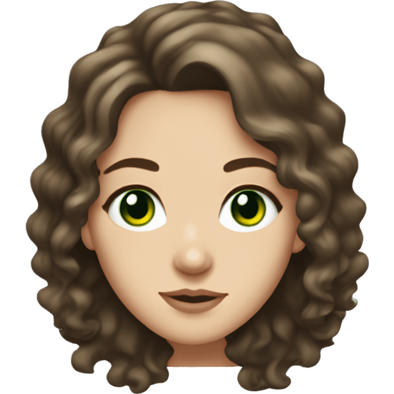 Brunette white girl with green eyes and medium length wavy hair and freckles on nose emoji