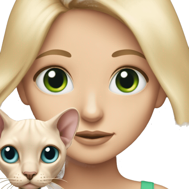 Blonde girl with long hair and blue eyes holding sphynx cat with green eyes emoji