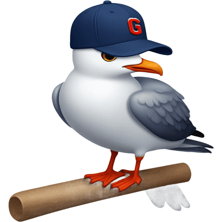 Seagull with wearing navy color baseball cap emblazoned with a red G initial emoji