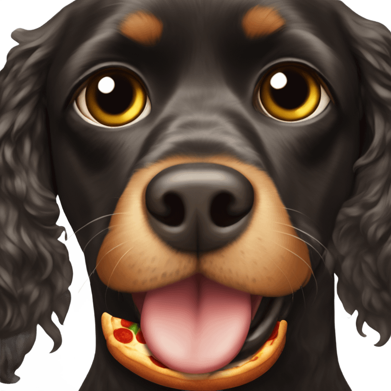 Black cocker spaniel with pizza instead of eyes emoji