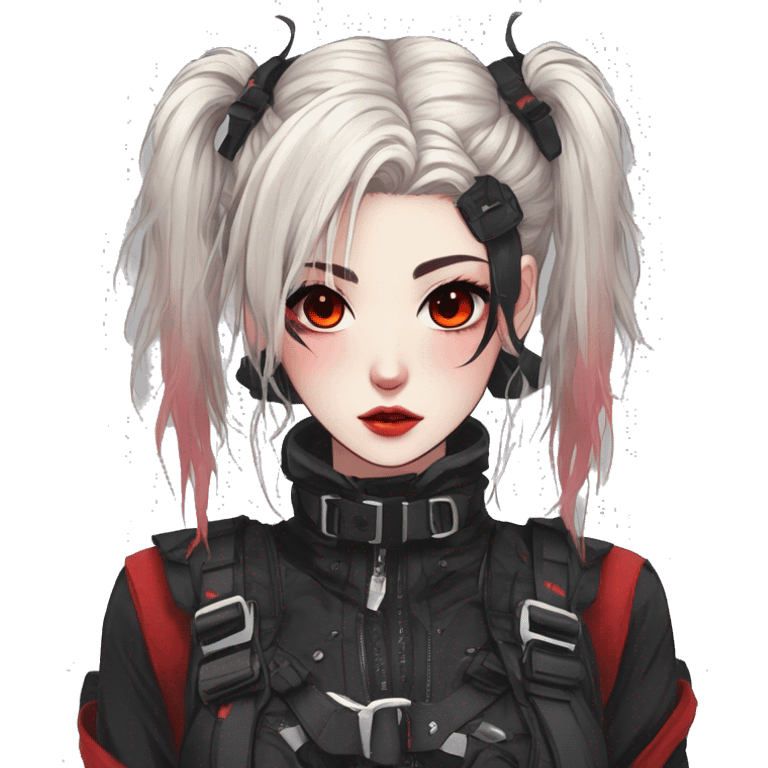 Gorgeous gothic techwear anime style lady with blushing face aesthetic and pretty edgy black red punk messy wild cute hair with collar and harness trending style emoji