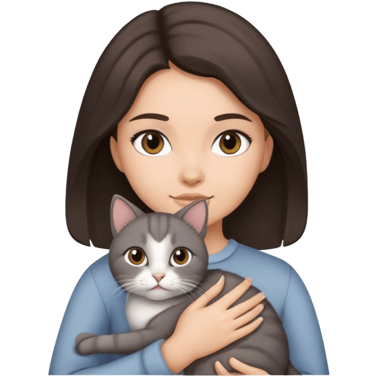 Dark Brown hair girl holding a grey cat emoji