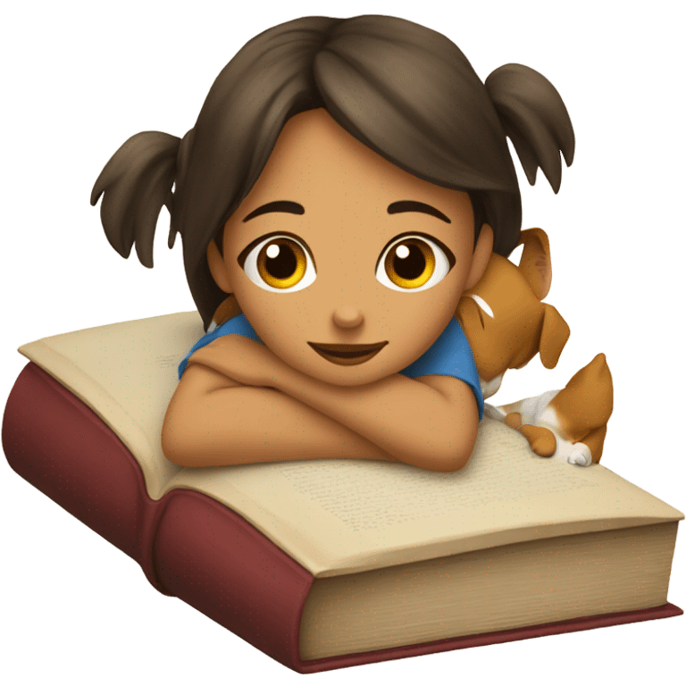 Am I bothering you? Girl, book, and dog laying on book emoji