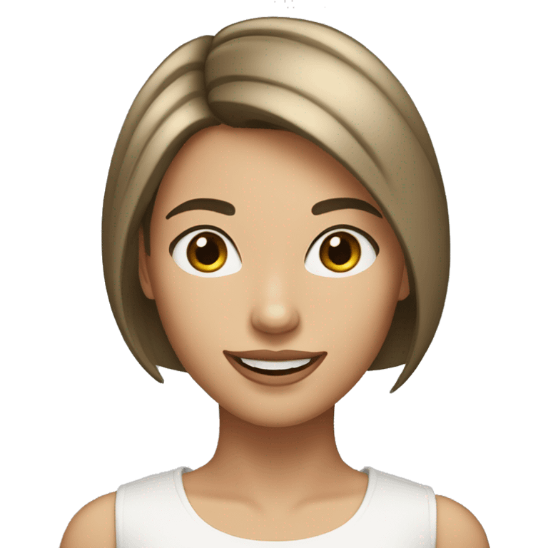 Beautiful girl with short straight darklight hair, thin lips, thin eyebrows, smiling. emoji