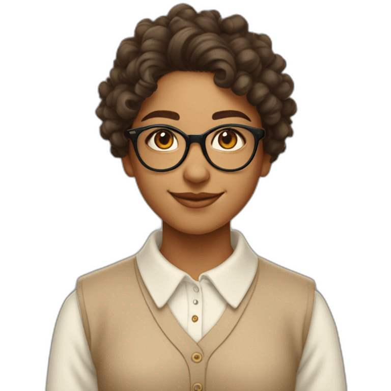 smiling indian teenage girl with curly hair and glasses wearing a collared long sleeve white shirt under a beige v shaped collar sweatervest with no buttons emoji