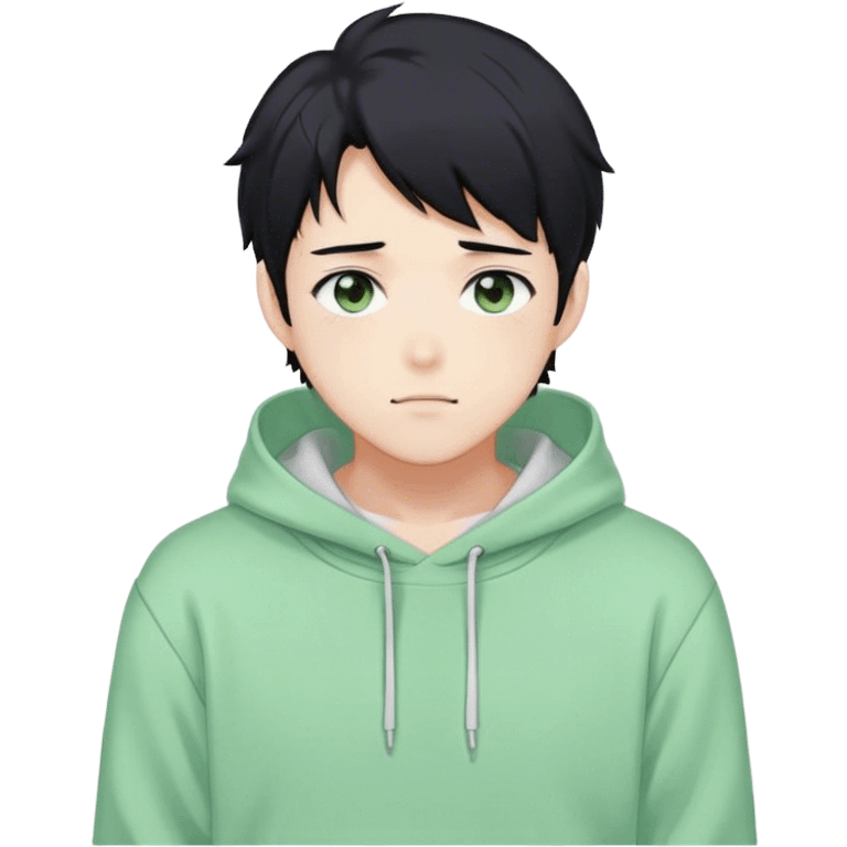 Gorgeous pastel green sweater black hair anime style shojo guy with blushing face and, hoodie, aesthetic, young adult, trending style, outside, vedal987 emoji