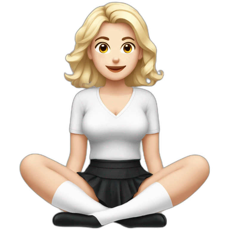 Front view full body curvy caucasian beauty sitting straight hands up black skirt white knickers white socks emoji