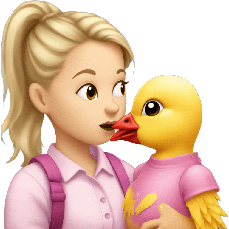 Small white girl with dirty blonde hair in a pony tail and pink shirt kissing a baby chicken  emoji